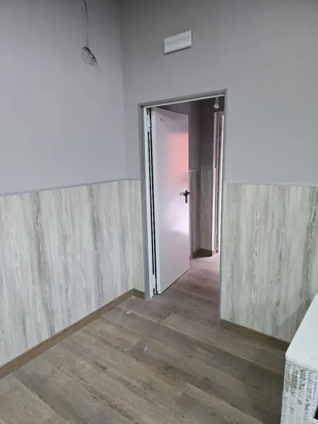 Paso con panelado de madera, puerta nueva y suelo de gres