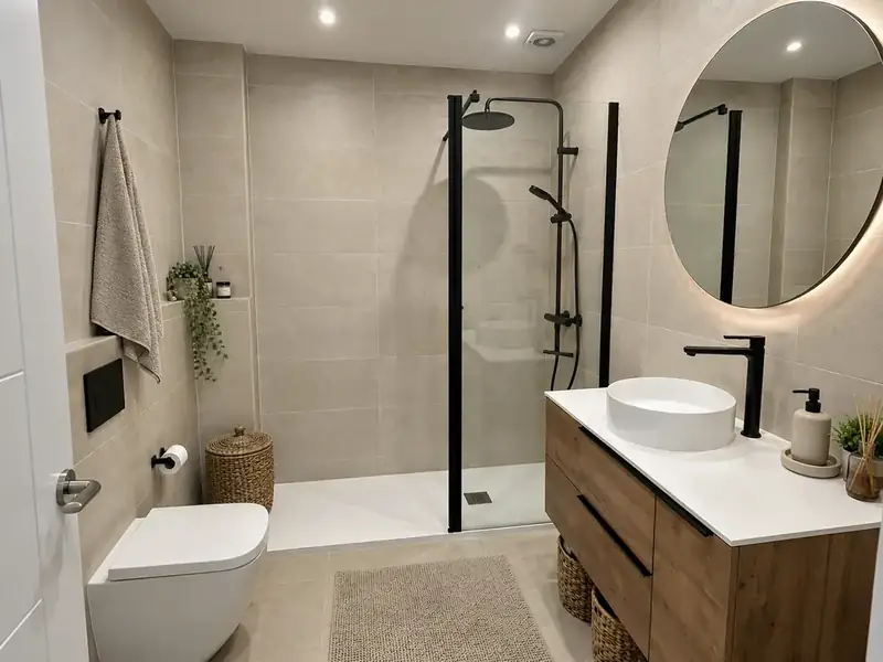 Baño reformado con ducha de obra, grifería negra y mueble de madera